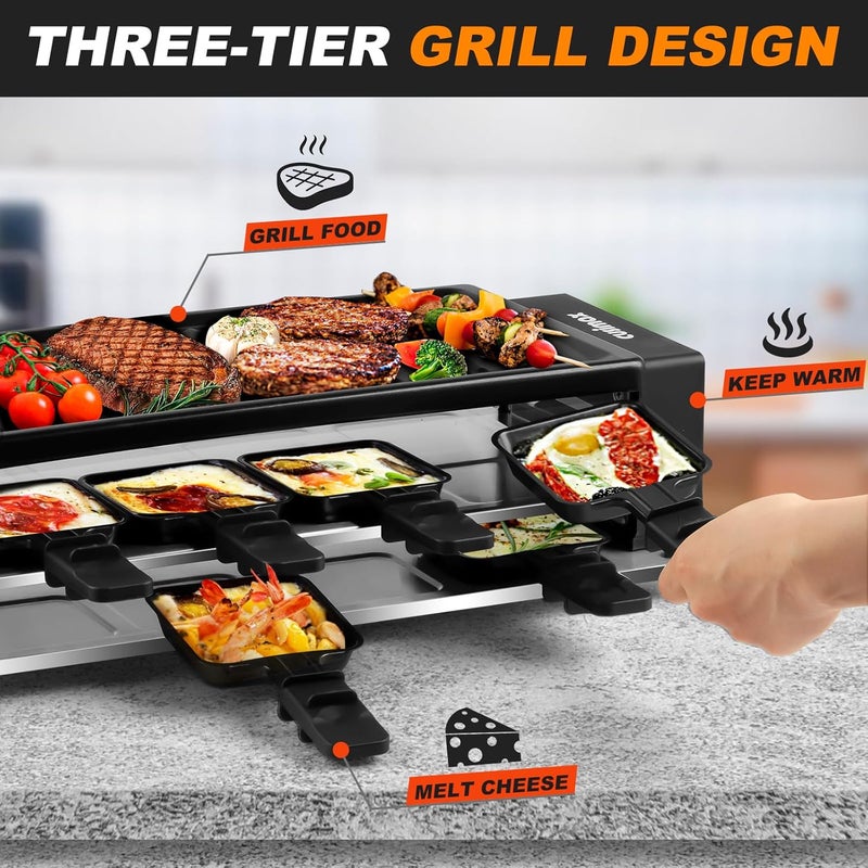 CUSIMAX شواية راكليت للشواء الكوري، شواية طاولة راكليت محمولة، شواية كهربائية مع لوحة غير لاصقة، تحكم في درجة الحرارة قابل للتعديل، شواية داخلية مع مقابض باردة، 8 صواني جبن للمتعة - Image 4